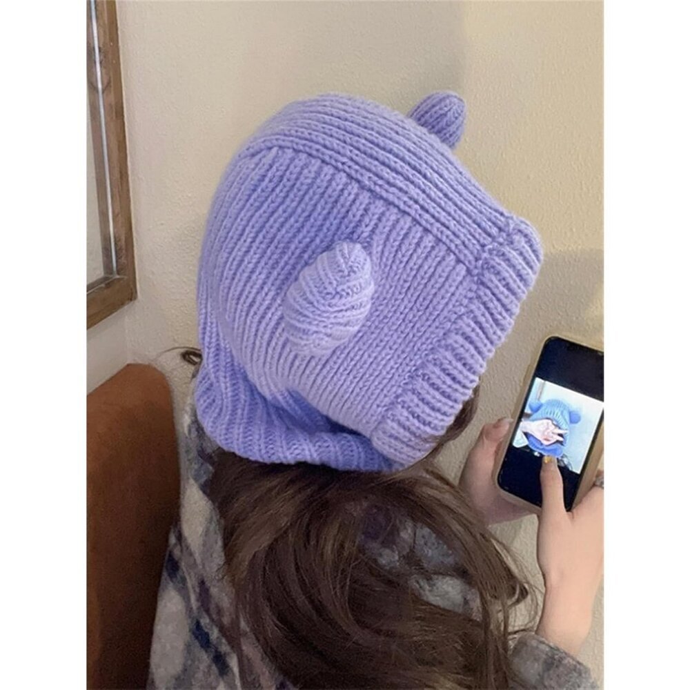 Women's Purple Cute Bear Balaclava Warm Hooded Scarf Beanie Hat Skull Pullover - Picture 5 of 7